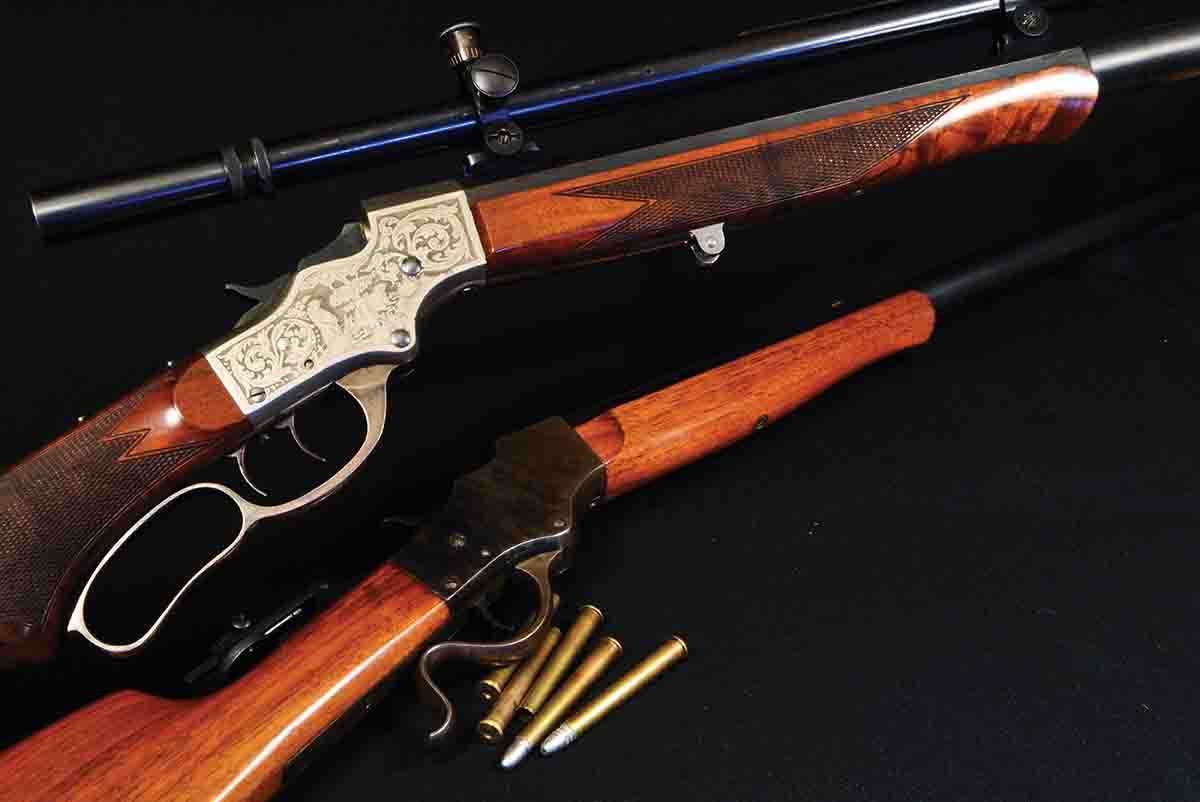 At top is a Stevens Model 52 – “Lucile” – built on a No. 44 action. Below is a Model 45 built on the later, stronger 44½ action. The .28-30 came along a little too late to take the Schützen world by storm, and original rifles in this caliber, and in this  condition, are rare.